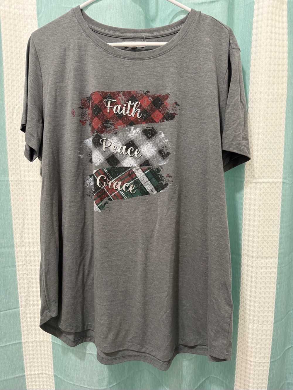Maurices Gray Short-Sleeve Tee with Plaid Faith Peace Grace Graphic
